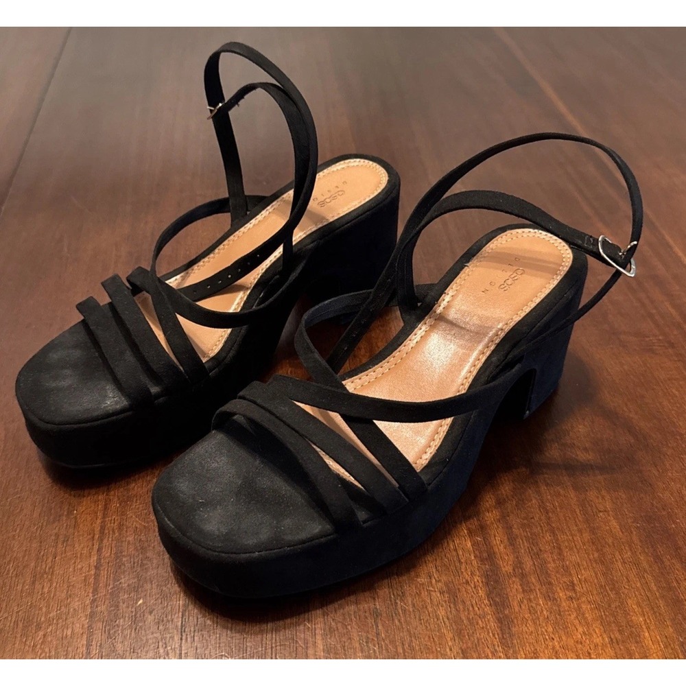 ASOS DESIGN Womens 9 Black Strappy Platform Sandals Block Heel Buckle Y2K Brazil